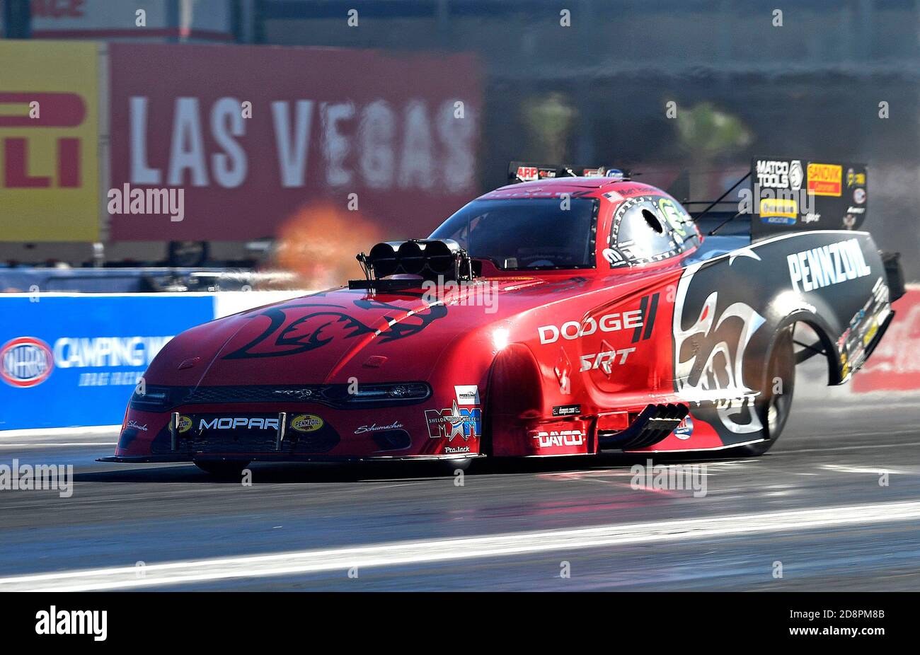 Las Vegas, CA, USA. 31st Oct, 2020. Funny Car driver Matt Hagan heads down  track during the opening qualifying session during the Camping World NHRA  Dodge Finals at The Strip at Las