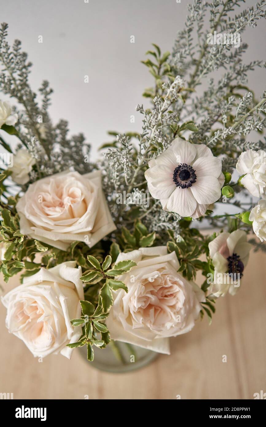 Bouquet 008, step by step installation of flowers in a vase. Flowers bunch, set for home. Fresh cut flowers for decoration home. European floral shop Stock Photo