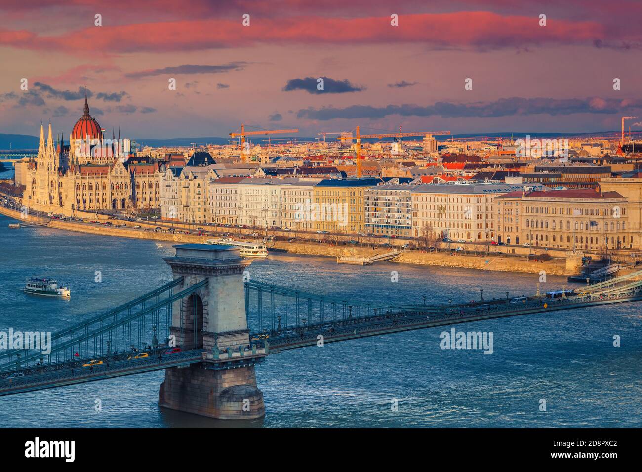 Amazing view from the Buda castle with Chain bridge over the Danube river and famous parliament building, Budapest, Hungary, Europe Stock Photo