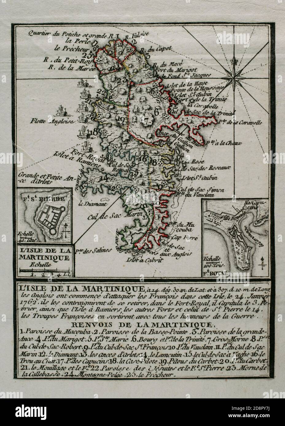 Isla de la Martinica (Antillas Menores). Los británicos conquistaron la isla durante la Guerra de los Siete Años, manteniéndola en su poder los años 1762-1763. Los ingleses comenzaron a atacar a los franceses en la isla el 24 de enero de 1762, obligándoles a retirarse hacia la capital, Fort-Royal, capitulando el 3 de febrero. El 12 de febrero toda la isla habia sido ya controlada por los británicos. Grabado publicado en 1765 por el cartógrafo Jean de Beaurain (1696-1771) como ilustración de su Gran mapa de Alemania, con los eventos que tuvieron lugar durante la Guerra de los Siete Años. Guerra Stock Photo