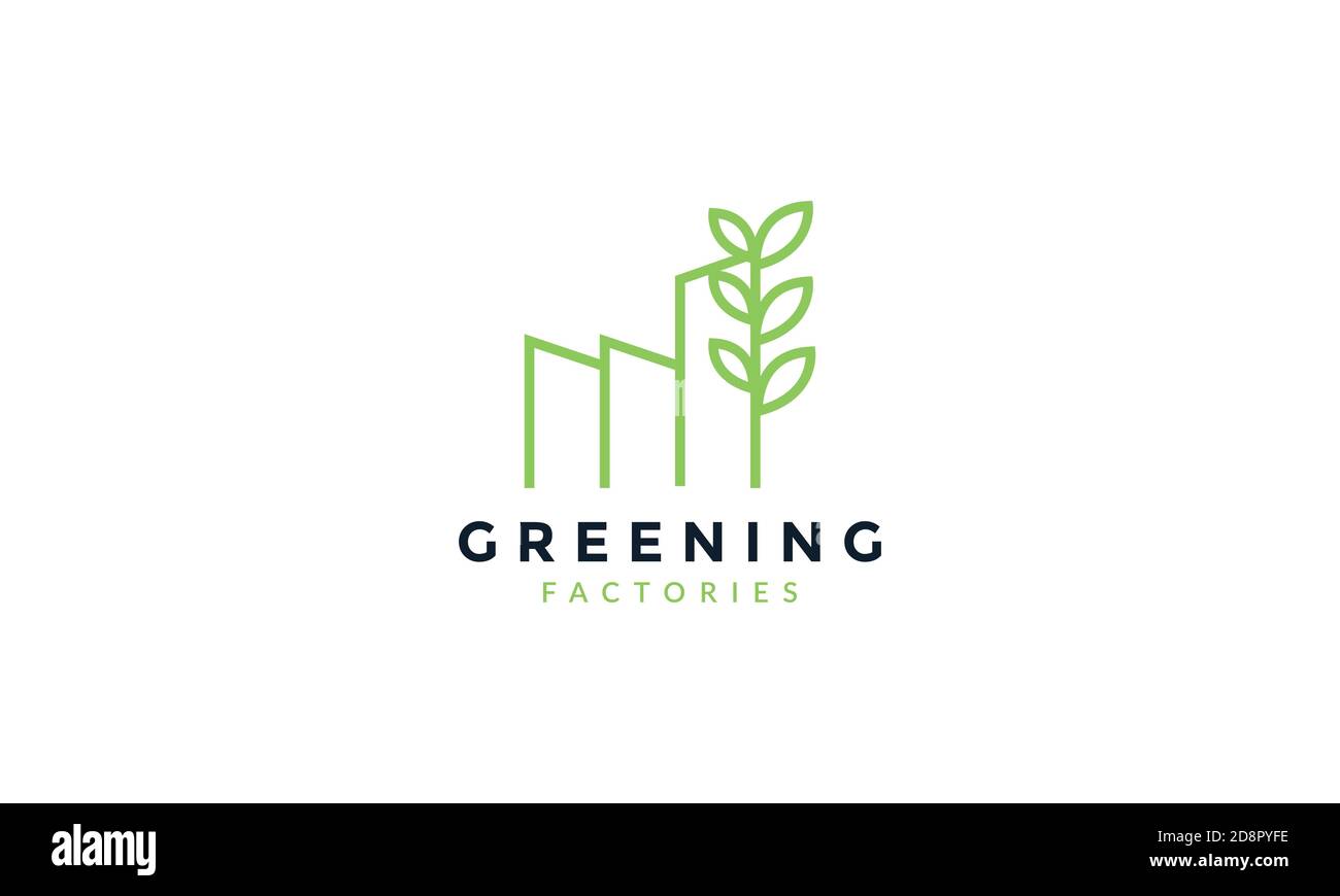factory line outline with leaf green plant nature logo vector icon ...