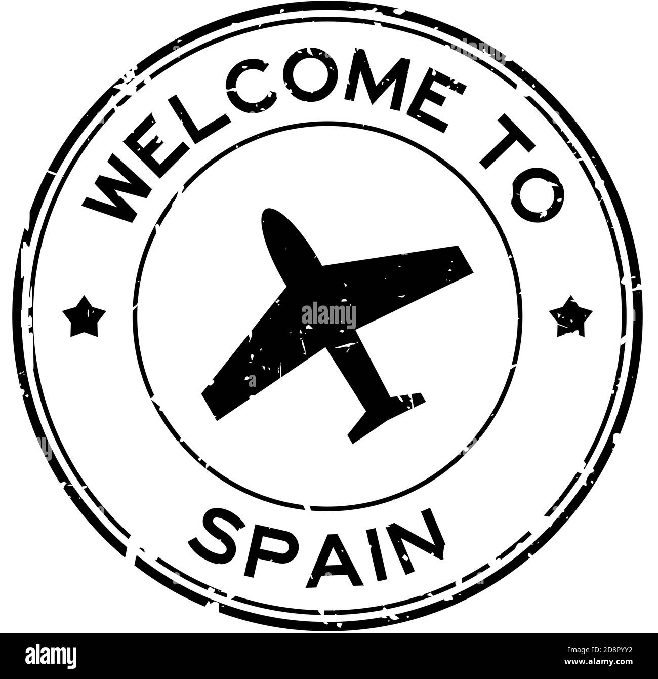 Grunge black welcome to Spain word with airplane icon round rubber seal stamp on white background Stock Vector