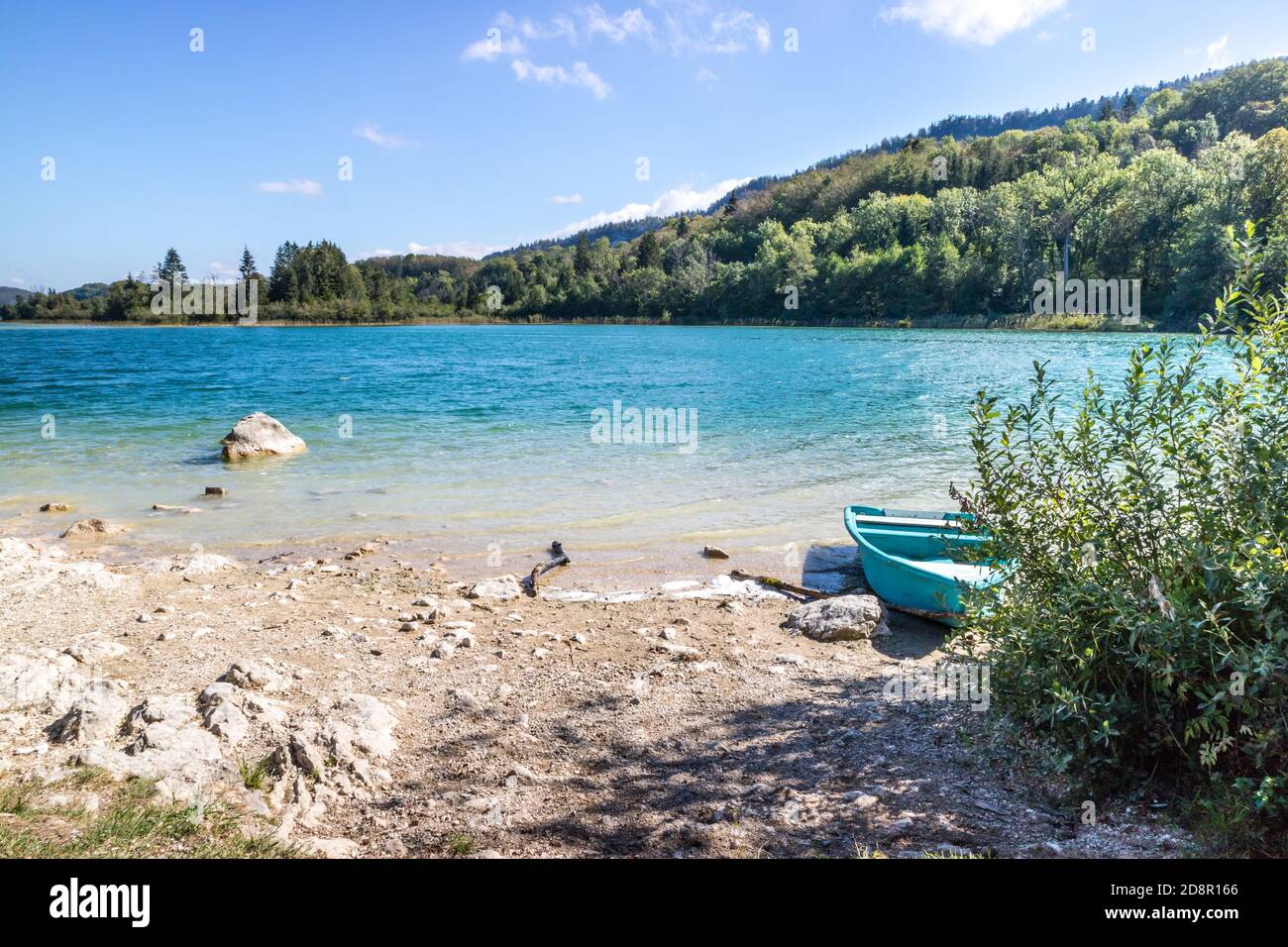 Top view of the 4 lakes of the Frasnois village, Jura, France Stock Photo