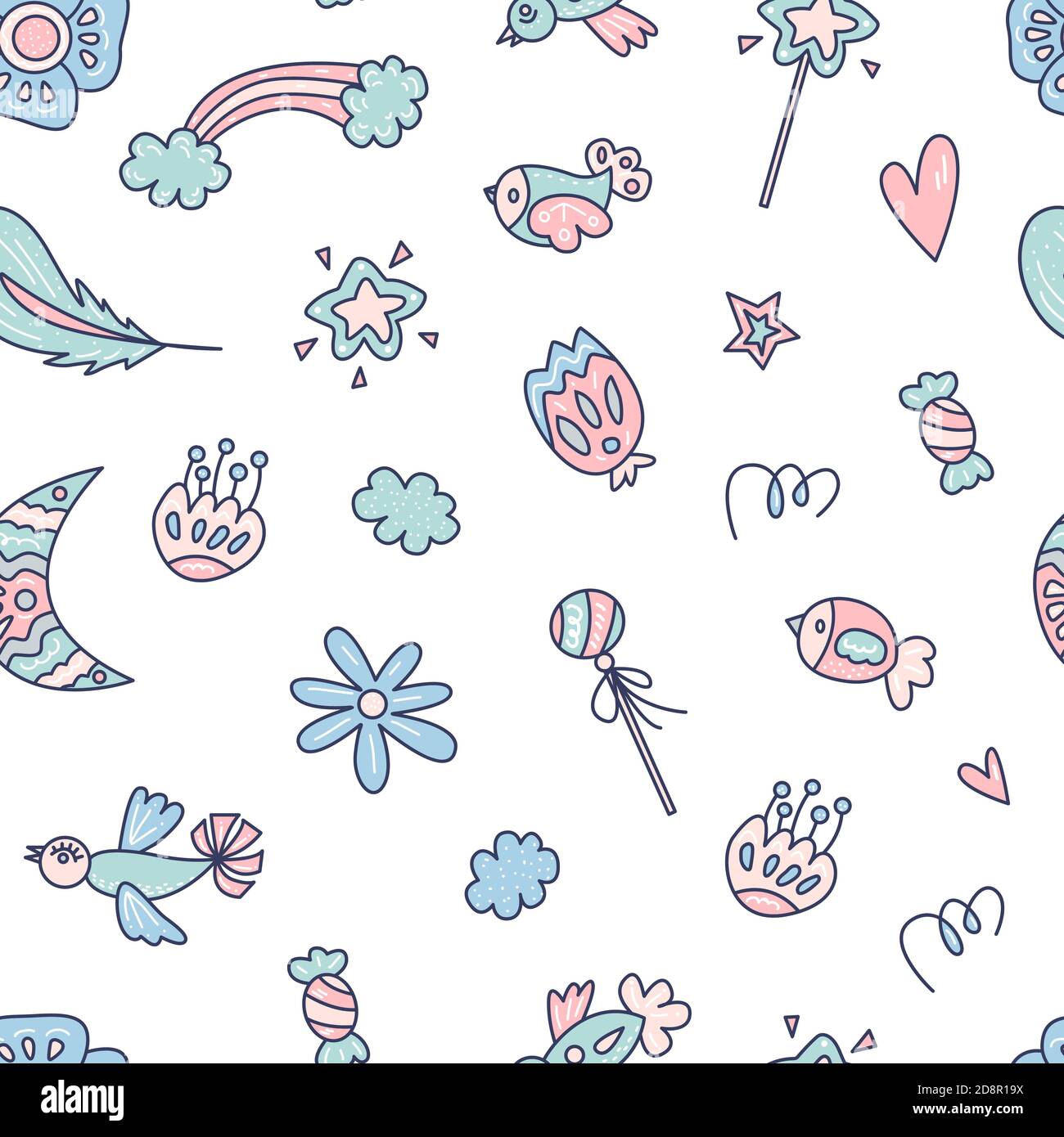 Vector seamless pattern with a magic wand, rainbow, star, and cloud in cartoon style. Bright vector illustration for kids design, decor, wrapping. Stock Vector