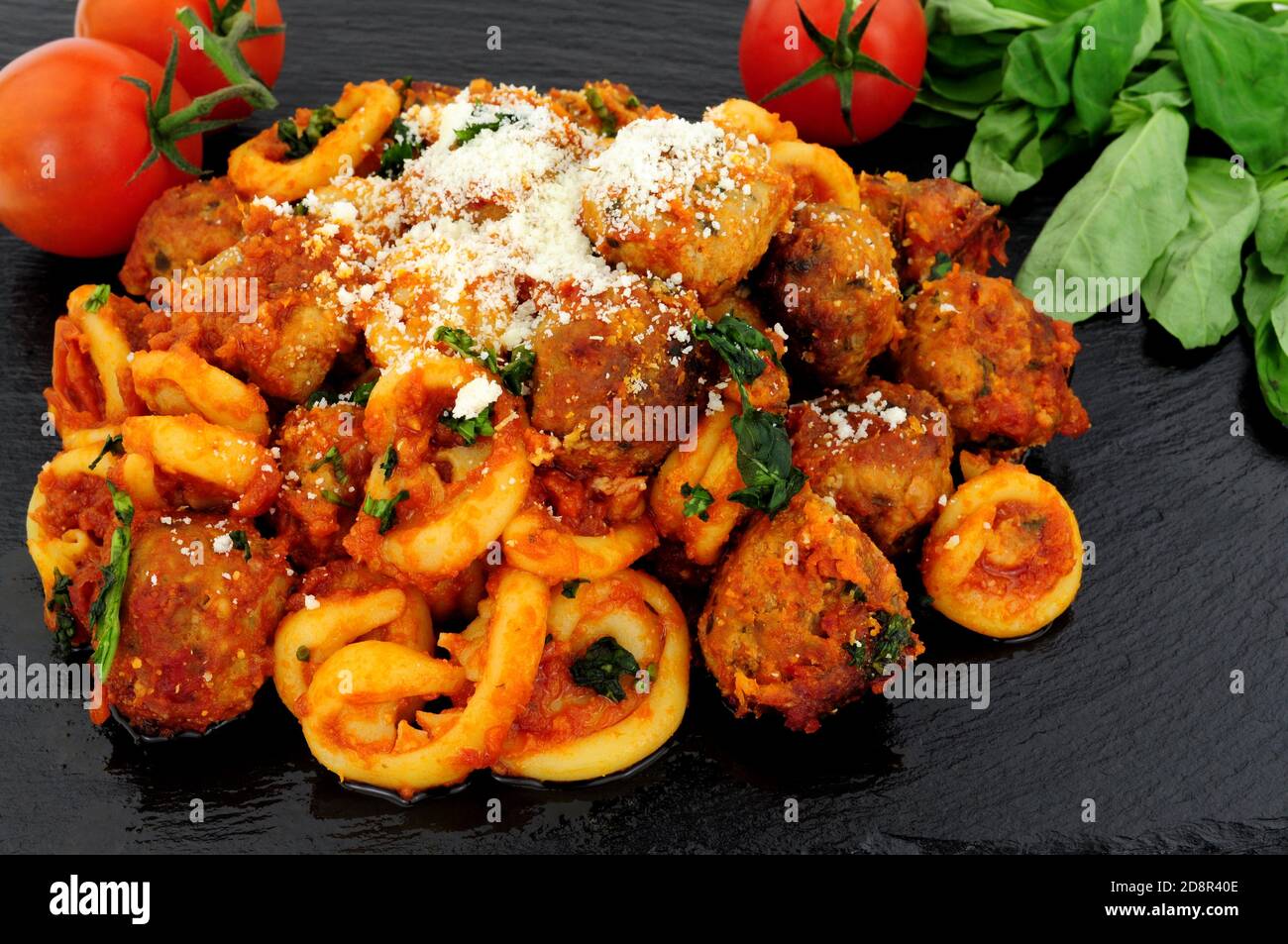 Beef and pork meatballs Al Forno with trulli pasta in tomato sauce meal