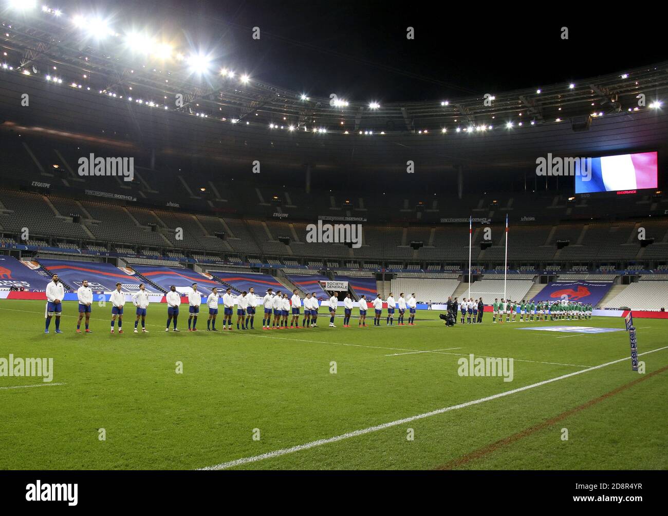 Teams of France and Ireland during hymns before the Guinness Six Nations 2020, rugby union match between France and Ireland on October 31, 2020 at S C Stock Photo