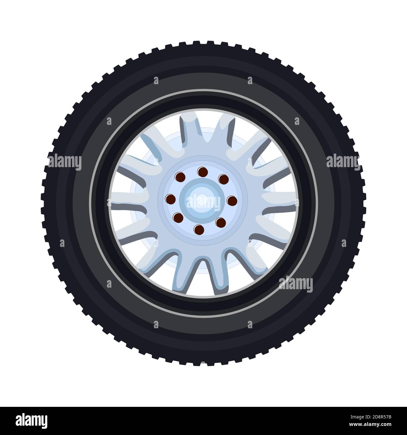 Tire isolated on white background. Wheel with a disk and rim for car or motorcycle. Repair and vulcanization, maintenance service logo. Stock vector Stock Vector