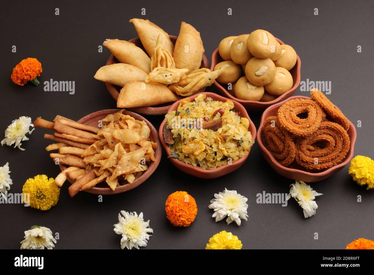 Home made tasty Diwali food, snacks, sweets. Stock Photo