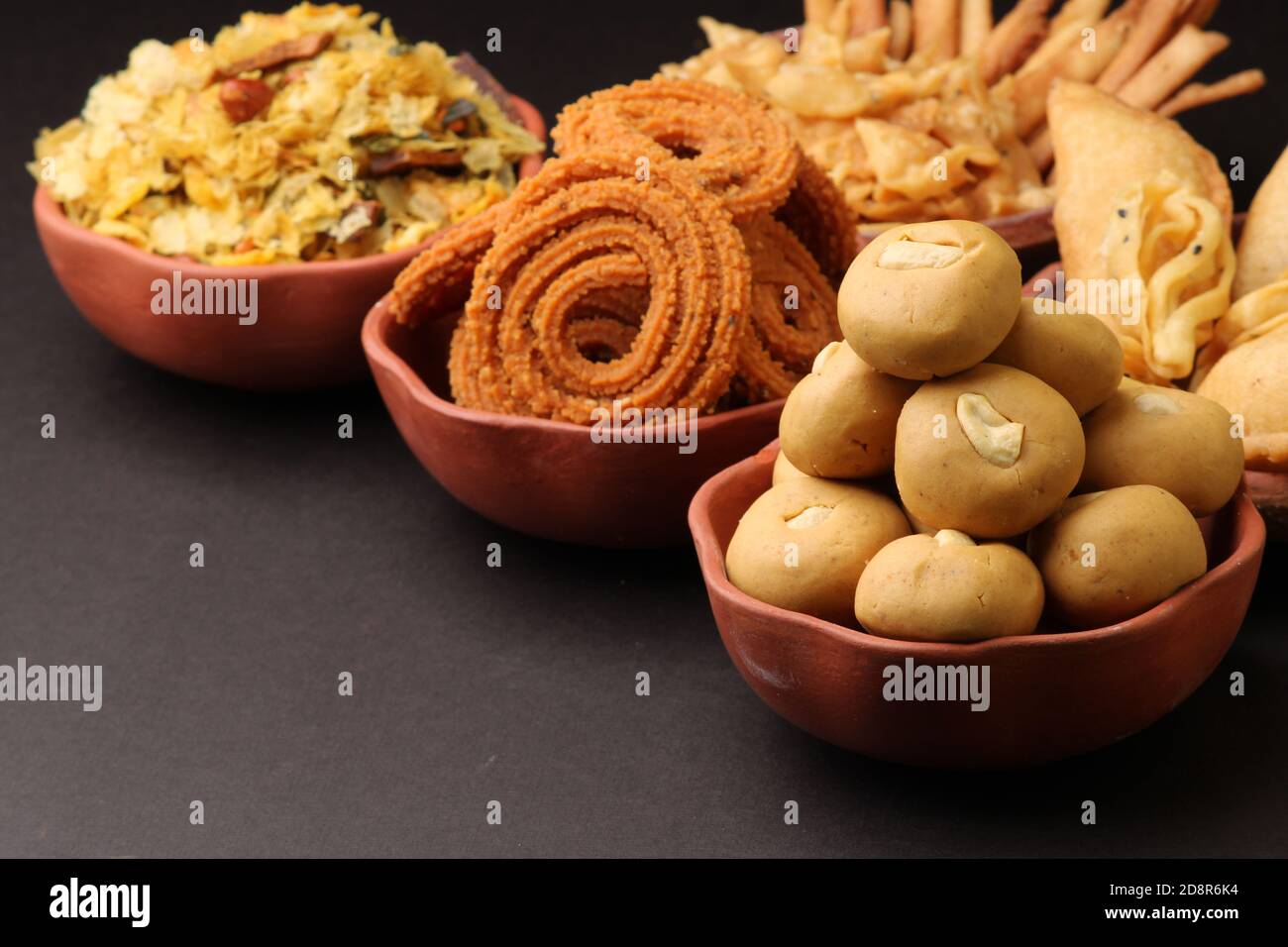 Home made tasty Diwali food, snacks, sweets. Stock Photo