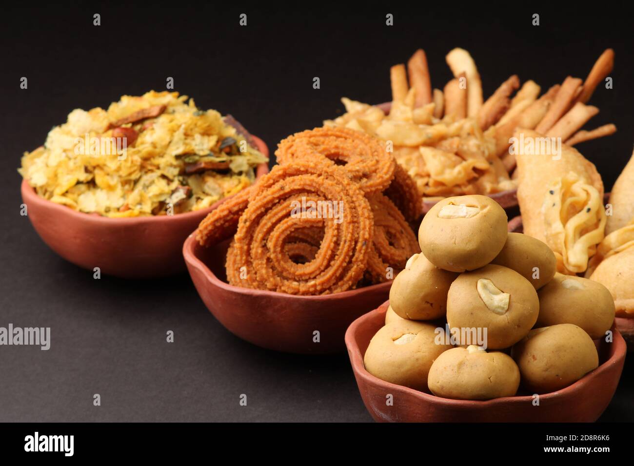 Home made tasty Diwali food, snacks, sweets. Stock Photo