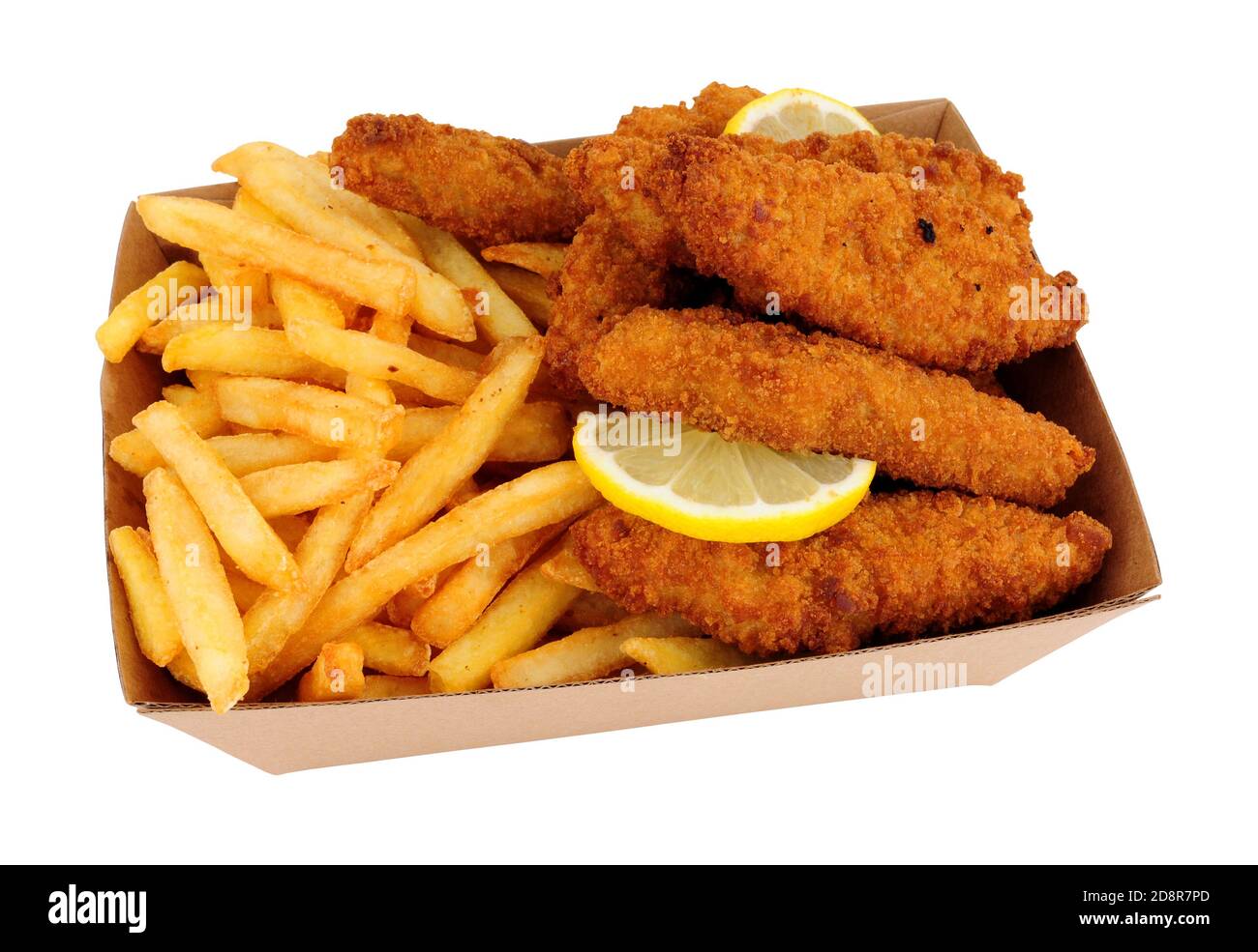 Breadcrumb covered chicken mini fillets and French fries in a cardboard