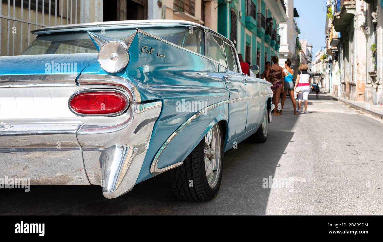 Vintage American car parked in Havana Vieja, Cuba. 1959 Pontiac Catalina. Stock Photo