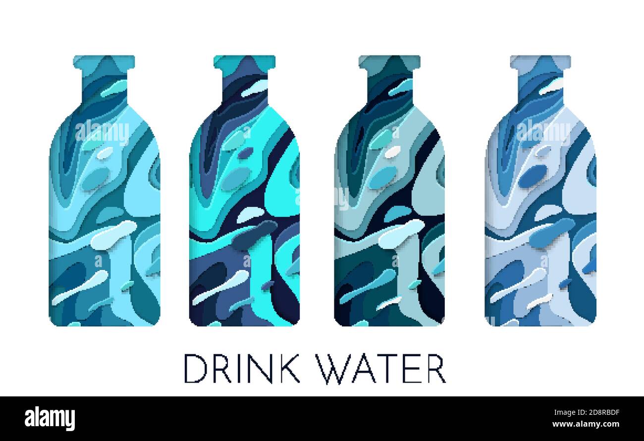 Blue paper water bottle paper cut design. Paper art style. Drink water