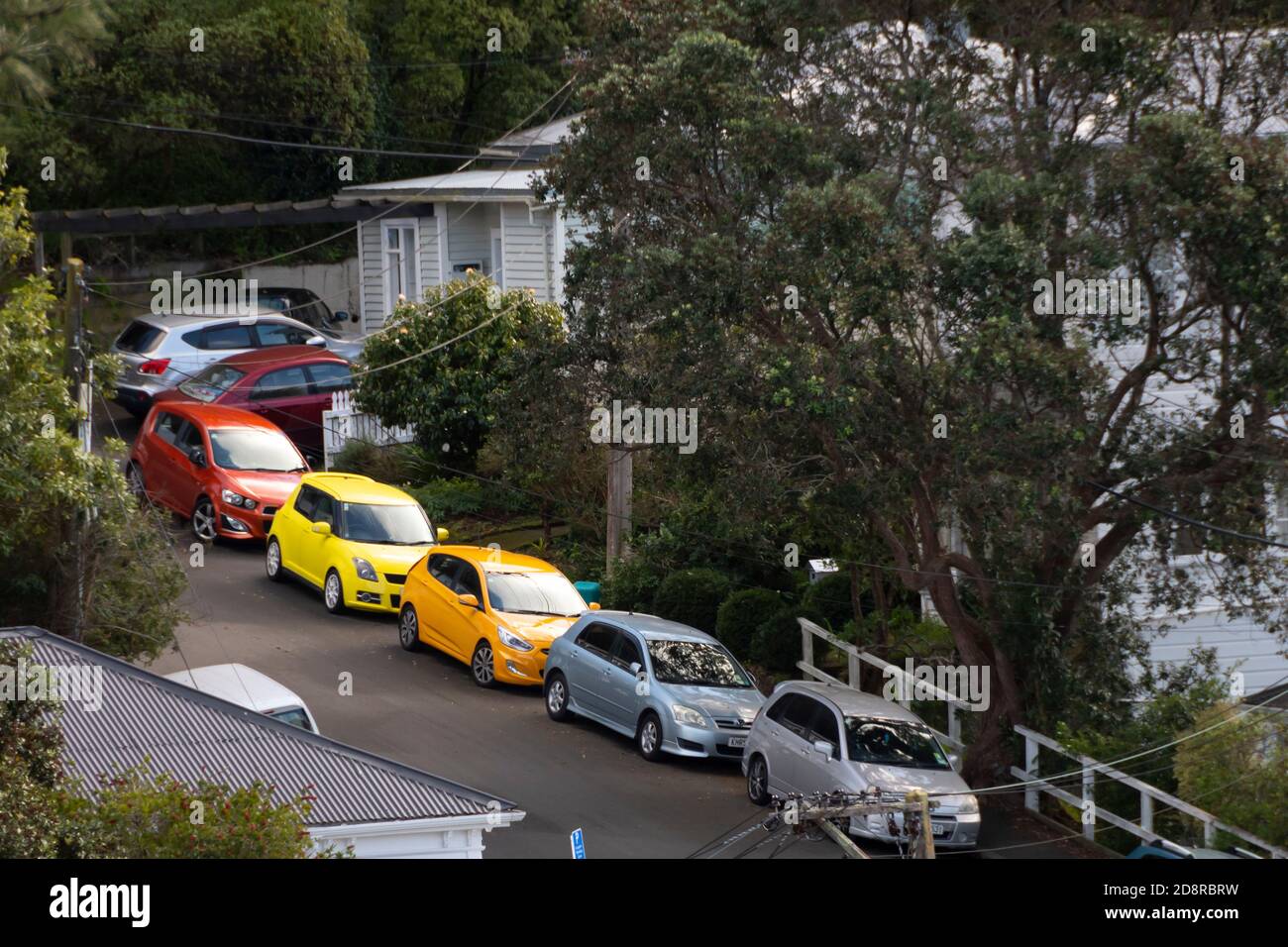 Colourful cars parked in suburban street, Wadestown, Wellington, North