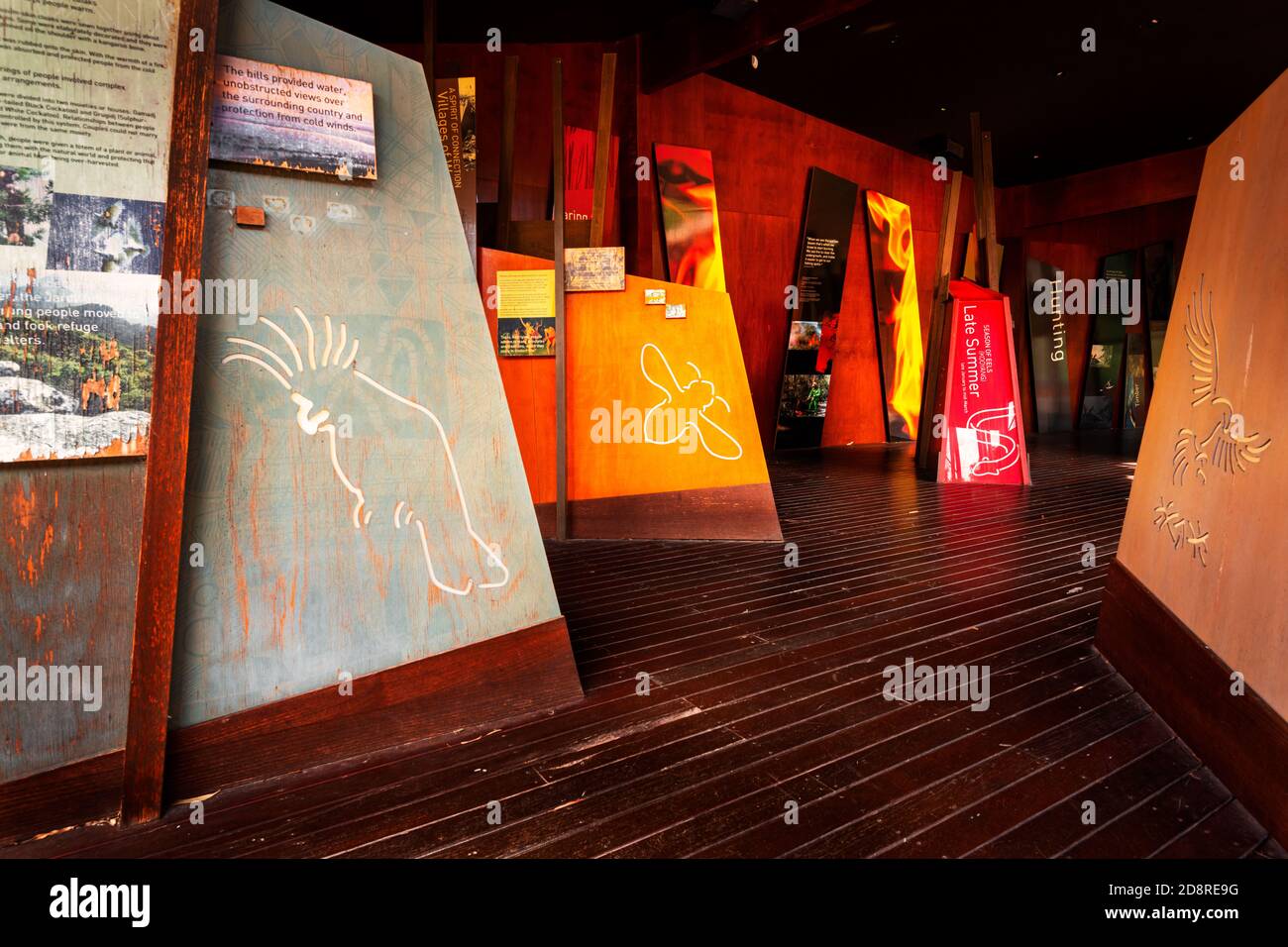 Information boards at Brambuk Visitor Centre in Halls Gap. Stock Photo