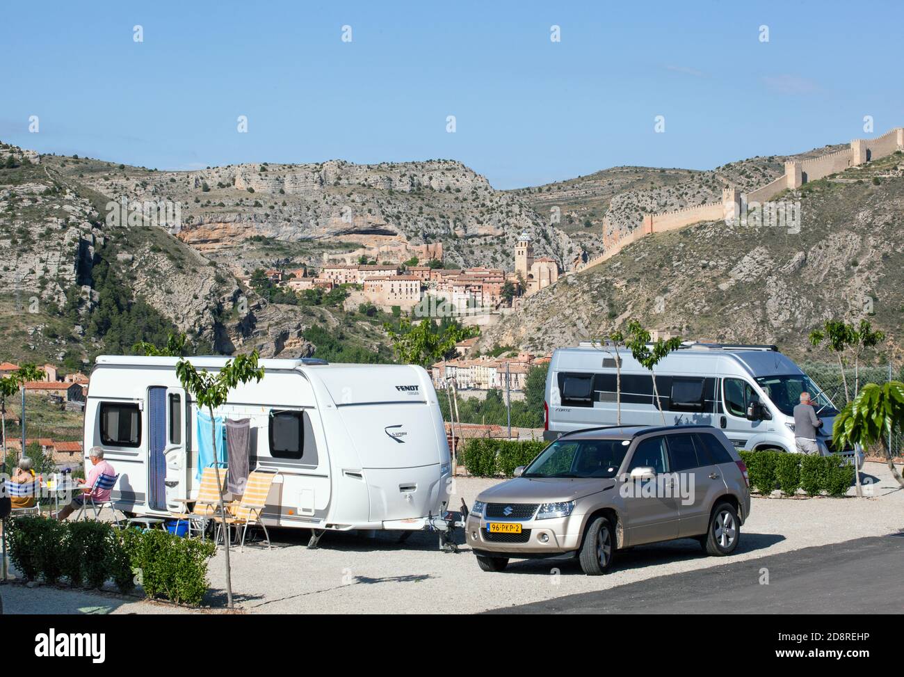 View of the medieval city walls of the Spanish Moorish town of Albarracin from the  Camping  and caravan site of Ciudad De Albarracín Spain Stock Photo