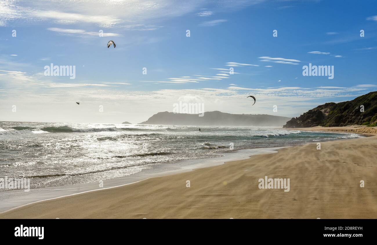 Kitesurfing/kiteboarding is a popular sport in the Garden of Eden, Sedgefield, Garden Route, South Africa Stock Photo