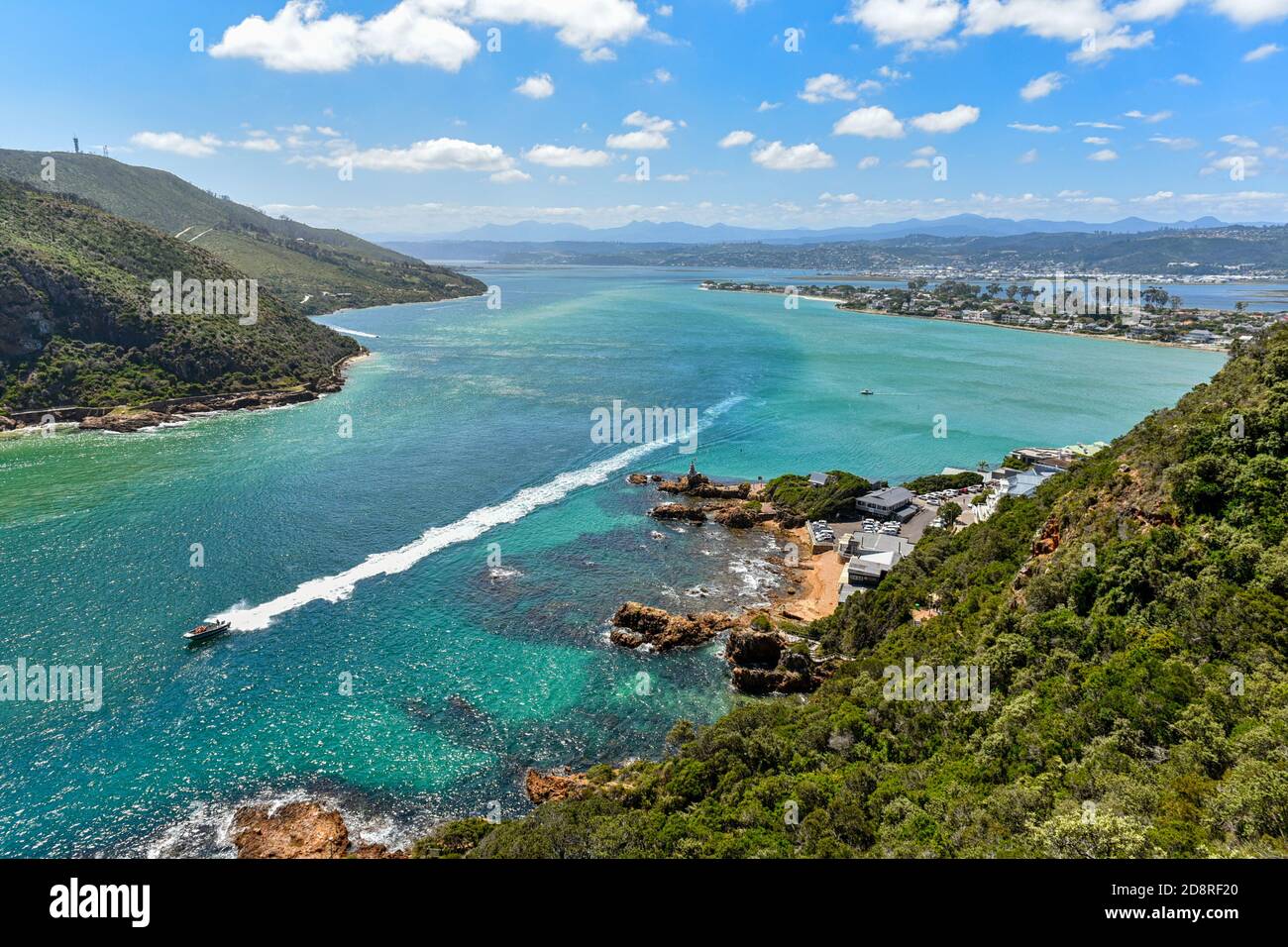 Aerial view of the Knysna Lagoon and Leisure Island in  Knsyna, Garden Route, South Africa Stock Photo