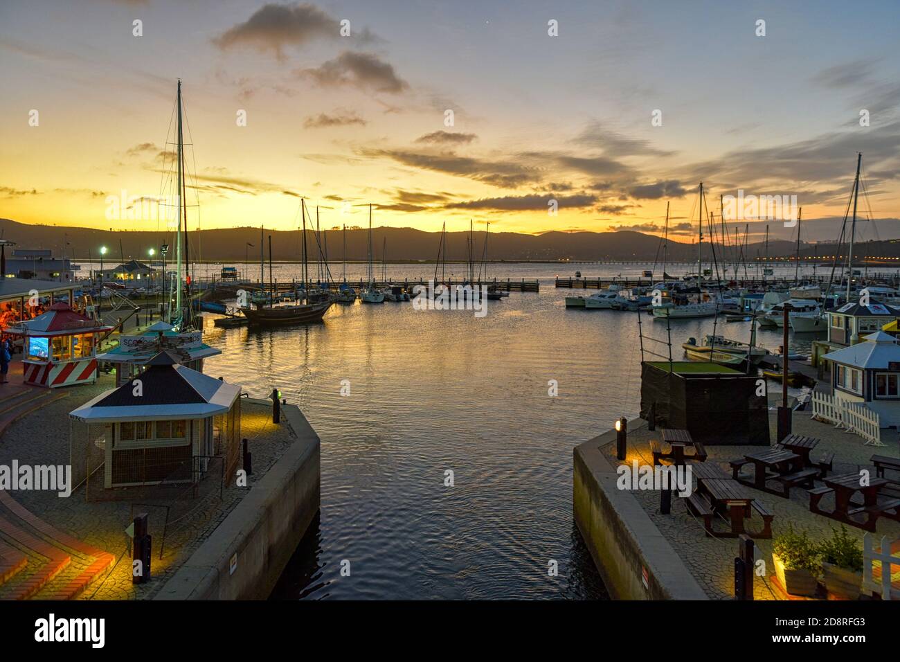 Knysna Waterfront at sunset, Knysna, Garden Route, South Africa Stock Photo