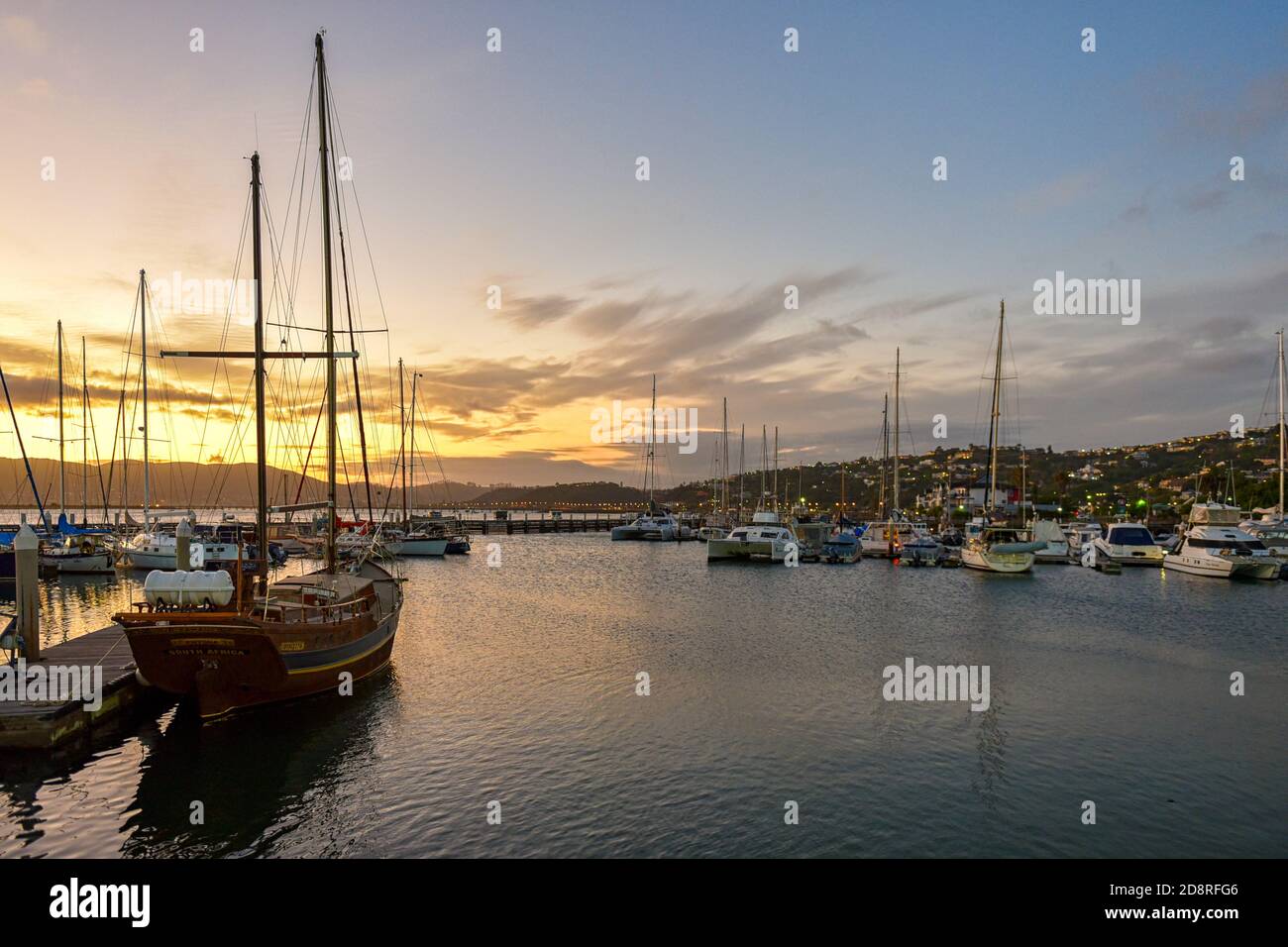 Knysna Waterfront at sunset, Knysna, Garden Route, South Africa Stock Photo