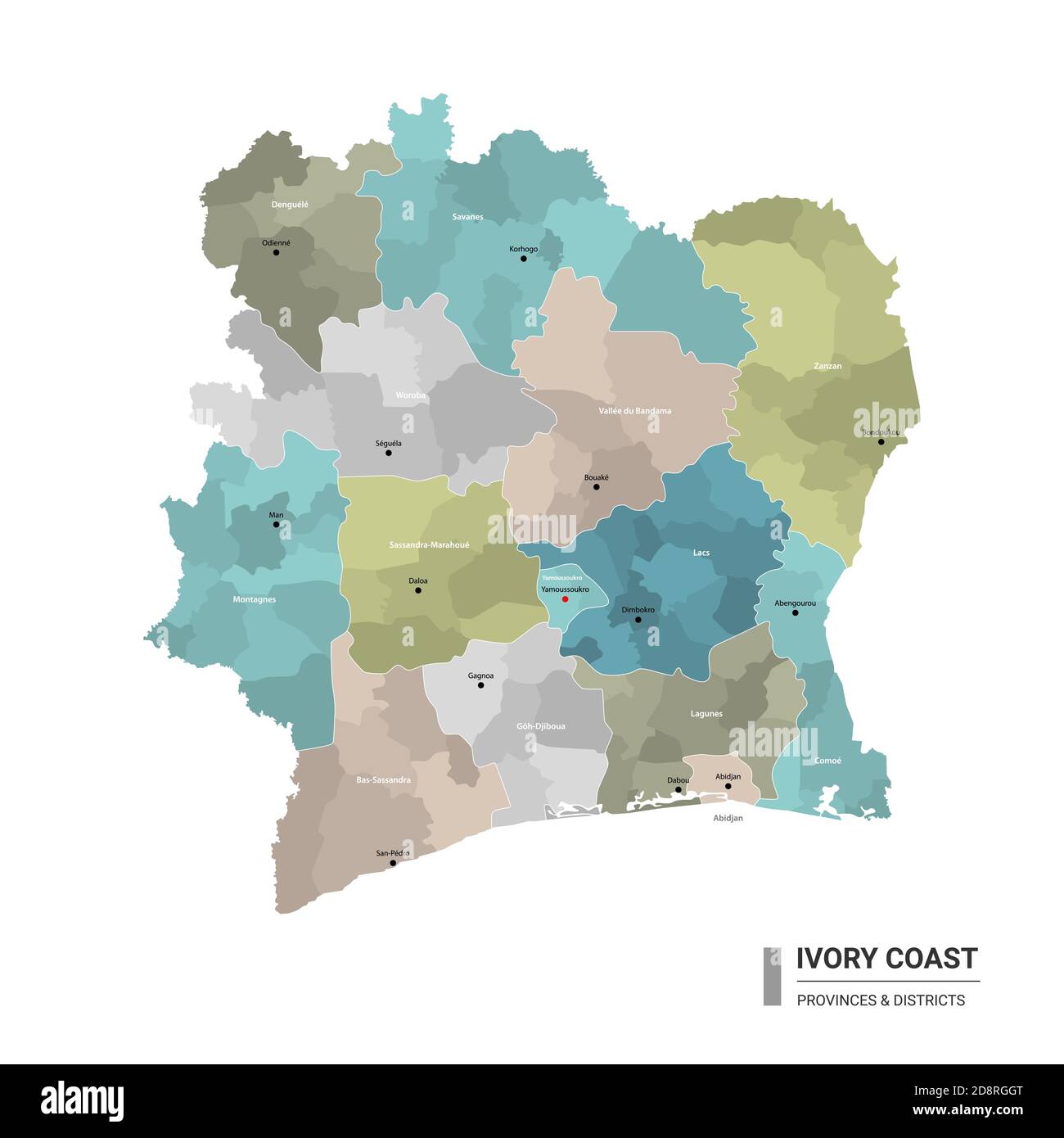 Ivory Coast higt detailed map with subdivisions. Administrative map of Ivory Coast with districts and cities name, colored by states and administrativ Stock Vector