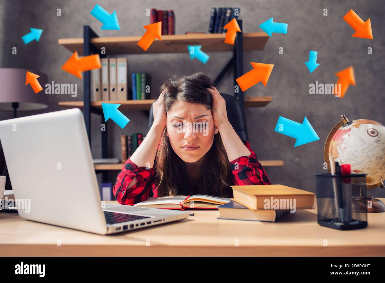 Confused woman teleworker works at home . She is in smart working due to covid-19 pandemic Stock Photo