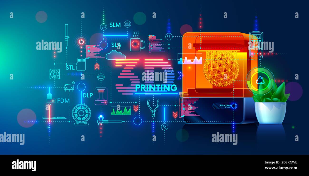 3d printing and additive technology banner. 3d printer on workplace of  engineer maker with abstract tech schema of additive technologies.  Education of Stock Vector Image & Art - Alamy