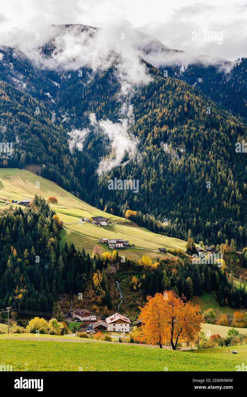 Funes Valley, Trentino, Italy. Autumn landscape with fall colors.  Stock Photo