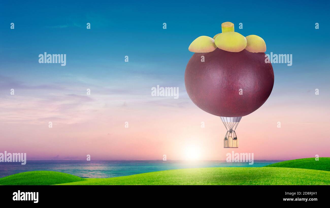 Mangosteen fruit shaped hot air balloon, Hot air balloon floating over ...