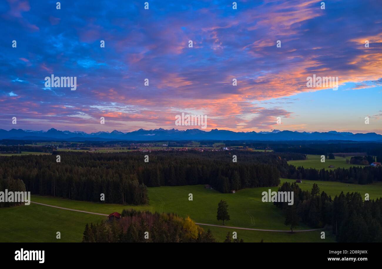 Aerial photo of sunset behind lake ELBSEE  in Aitrang, Bavaria, Germany, October 30, 2020.  © Peter Schatz / Alamy Stock Photos Stock Photo
