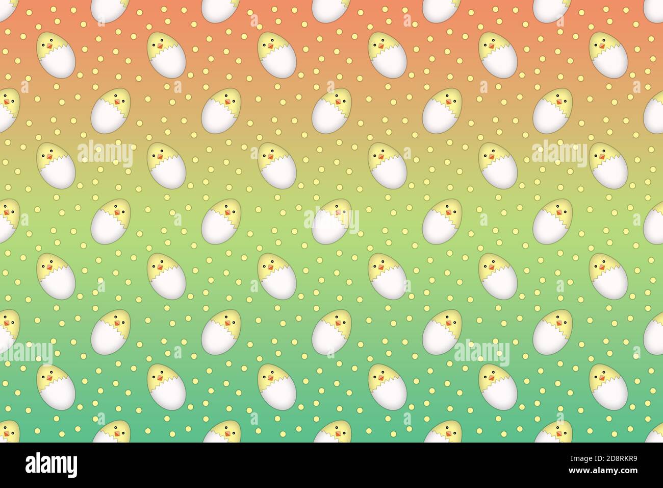 A seamless Easter background illustration of cute yellow easter chicks eggs and polka dots against a light rainbow color background Stock Photo
