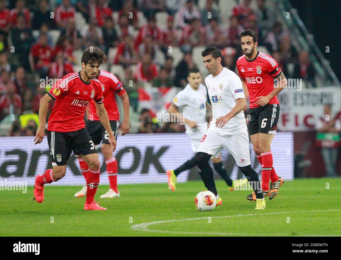 Carlos Bacca of FC Seville and Ruben Amorim , André Gomes of Benfica during the Europa League 2013 - 2014 ,Juventus Stadium, Turin on MAY 14 2014 in Turin , Italie - Photo Laurent Lairys / DPPI Stock Photo
