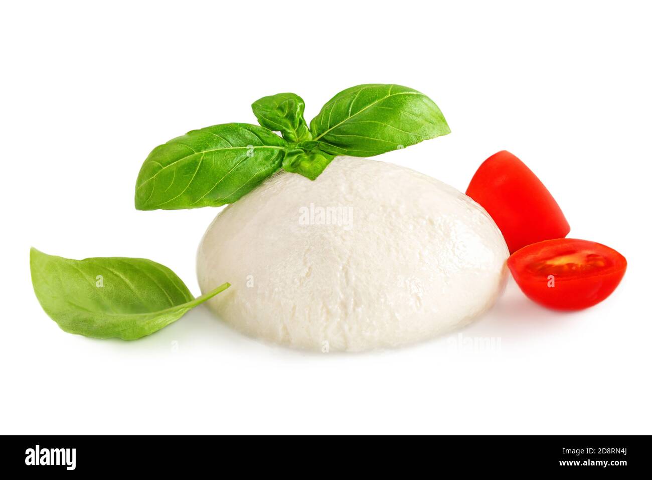 Mozzarella cheese Buffalo  isolated on  white background. Top view. Traditional Italian Mozzarella  with basil leaf and tomatoes close up Stock Photo