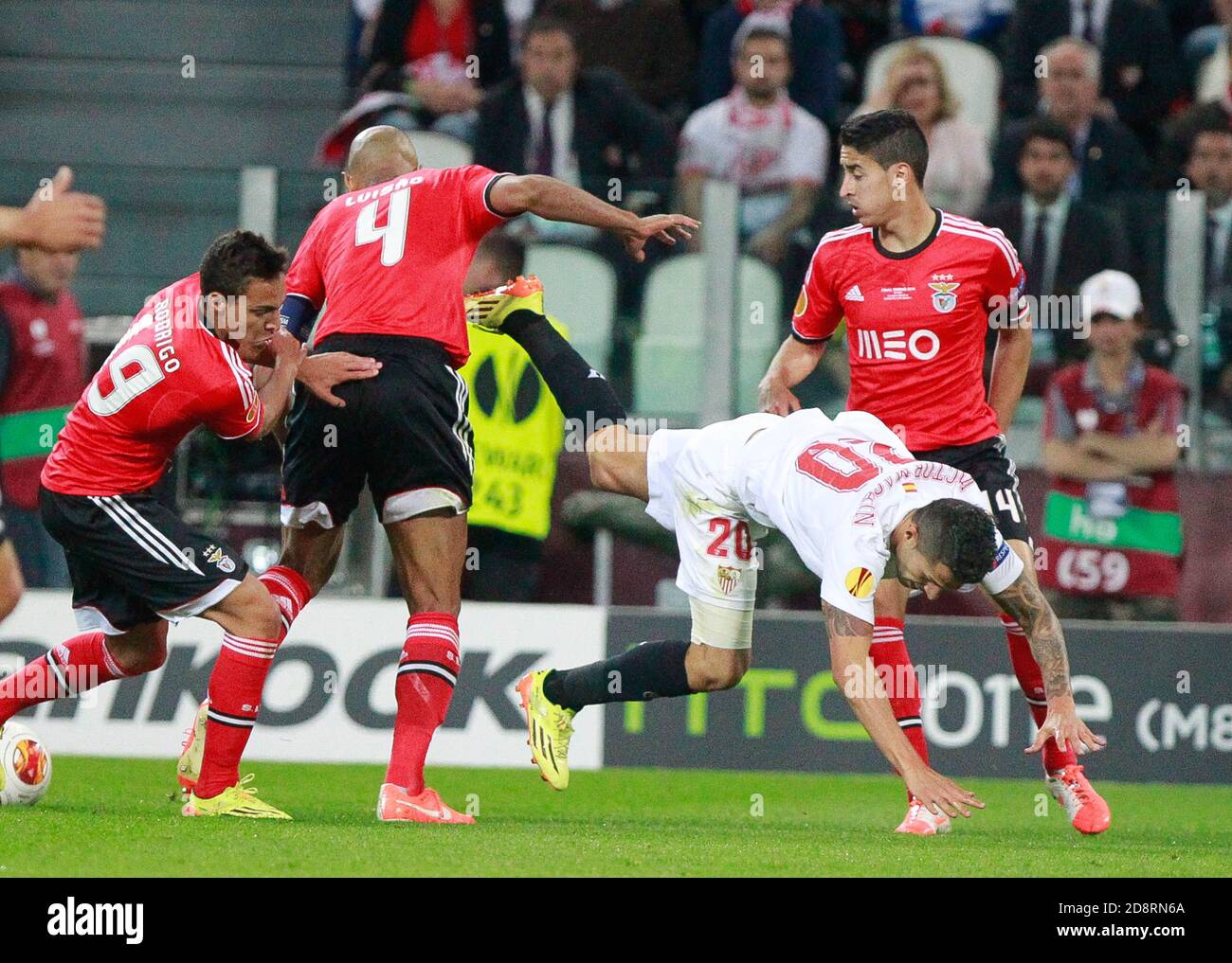 Vitolo of FC Seville and Luisão , André Gomes , Rodrigo of Benfica during the Europa League 2013 - 2014 ,Juventus Stadium, Turin on MAY 14 2014 in Turin , Italie - Photo Laurent Lairys / DPPI Stock Photo