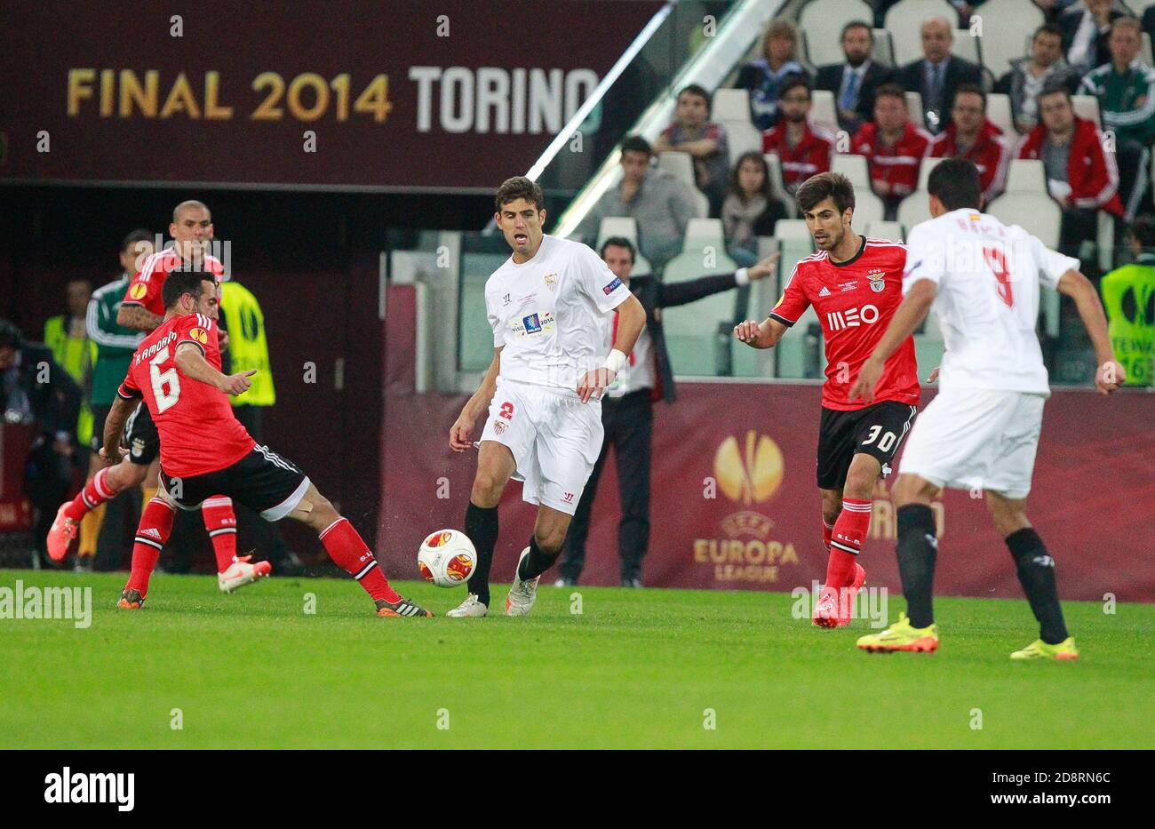Federico Fazio of FC Seville and Ruben Amorim , André Gomes of Benfica during the Europa League 2013 - 2014 ,Juventus Stadium, Turin on MAY 14 2014 in Turin , Italie - Photo Laurent Lairys / DPPI Stock Photo