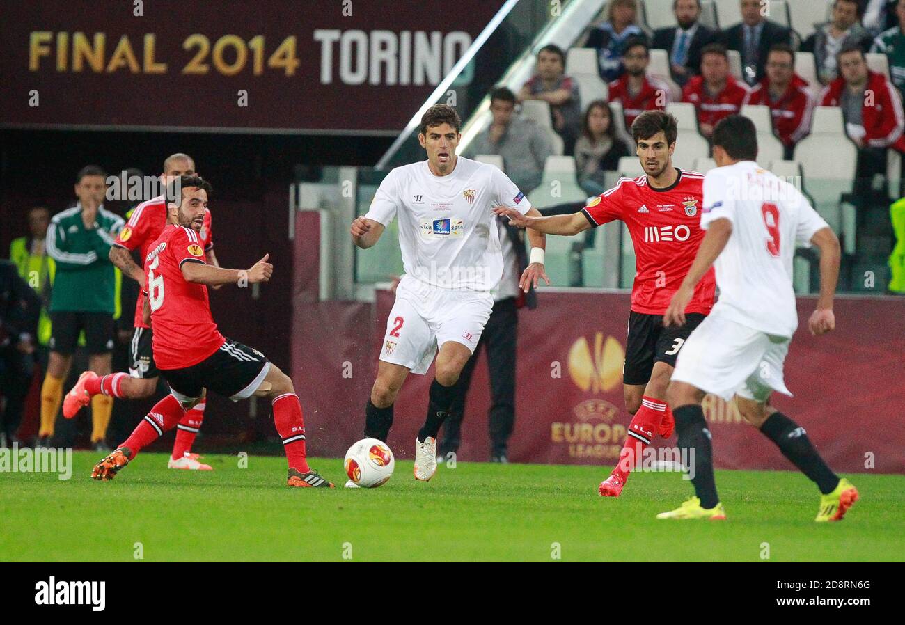 Ruben Amorim , André Gomes  of Benfica  and Fadzio of FC Seville   during the Europa League 2013 - 2014 ,Juventus Stadium, Turin on MAY 14 2014 in Turin , Italie - Photo Laurent Lairys / DPPI Stock Photo