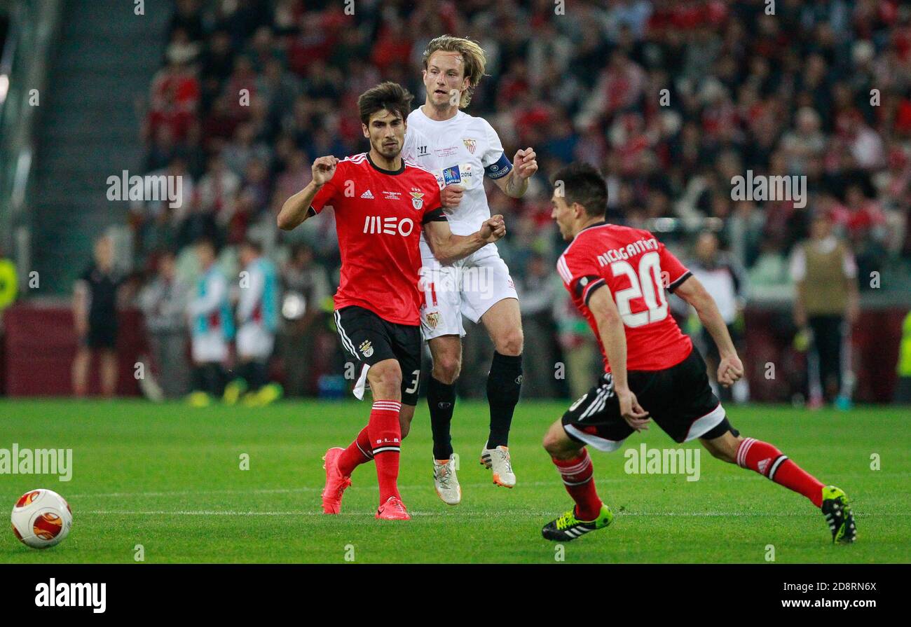 André Gomes ,Nicolás Gaitán of Benfica  and Ivan Rakitic of FC Seville during the Europa League 2013 - 2014 ,Juventus Stadium, Turin on MAY 14 2014 in Turin , Italie - Photo Laurent Lairys / DPPI Stock Photo