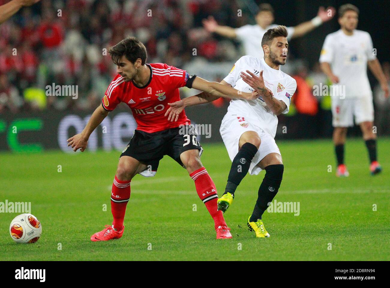 Daniel Carriço  of FC Seville and André Gomes of Benfica during the Europa League 2013 - 2014 ,Juventus Stadium, Turin on MAY 14 2014 in Turin , Italie - Photo Laurent Lairys / DPPI Stock Photo
