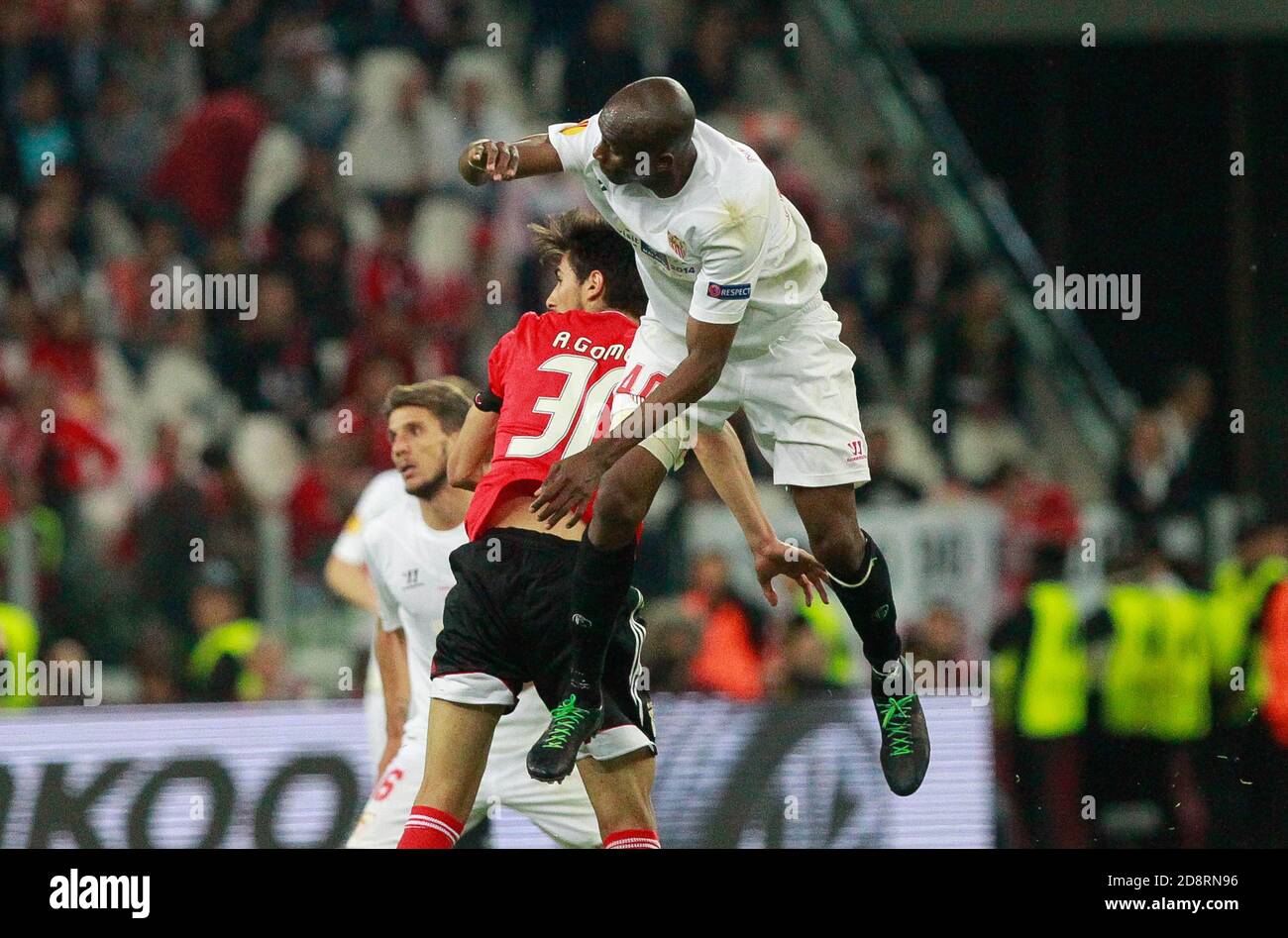 Stéphane Mbia of FC Seville and André Gomes of Benfica during the Europa League 2013 - 2014 ,Juventus Stadium, Turin on MAY 14 2014 in Turin , Italie - Photo Laurent Lairys / DPPI Stock Photo