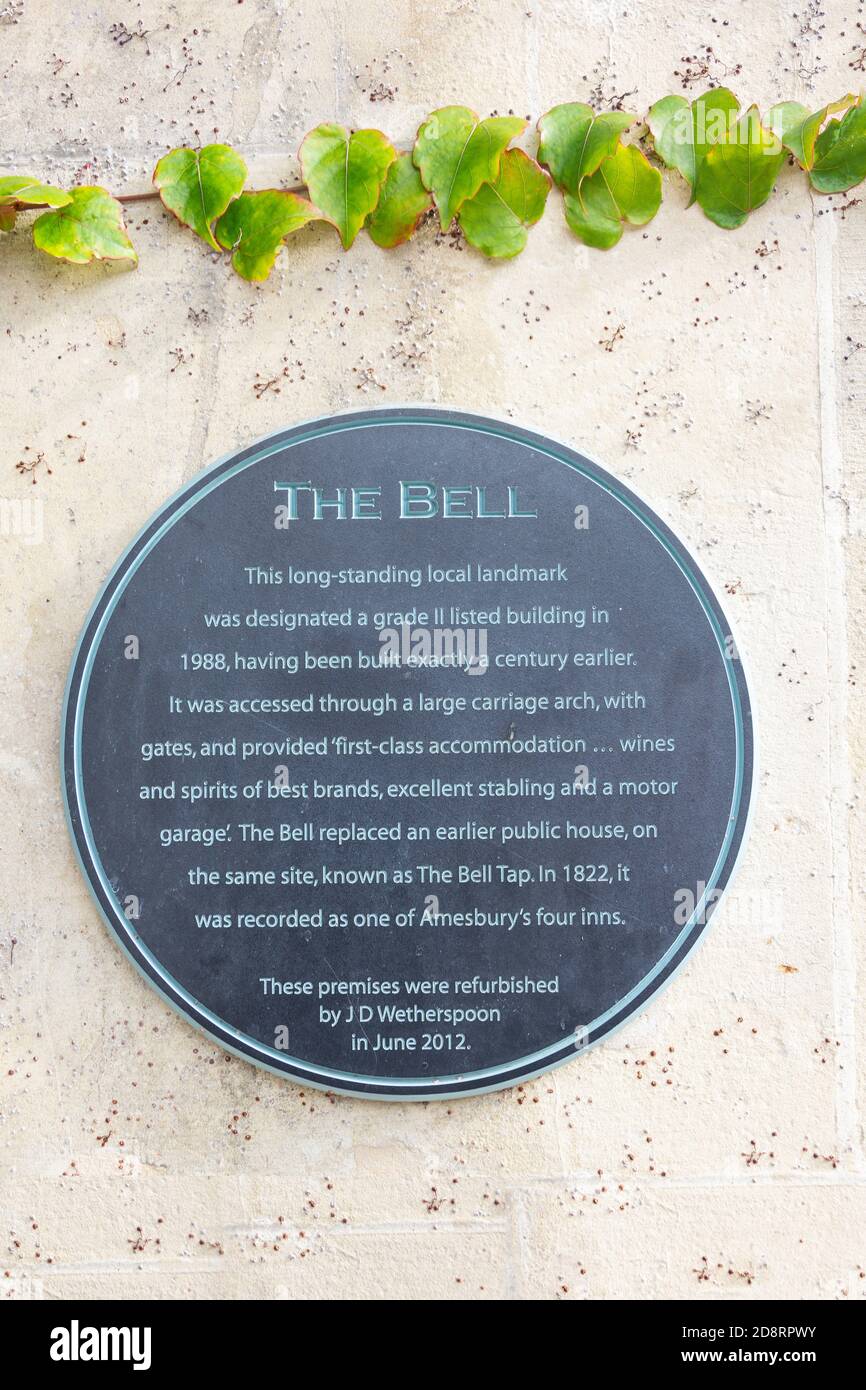 The Bell Inn plaque, Salisbury Street, Amesbury, Wiltshire, England, United Kingdom Stock Photo