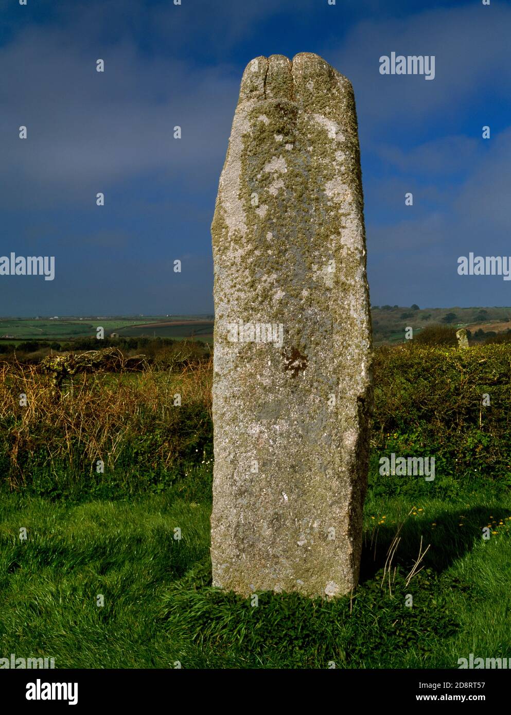 View NE of The Pipers standing stones, West Penwith, England, UK, at 4.6m (SW stone) & 4.1m high (5.05m when vertical), the tallest in Cornwall. Stock Photo