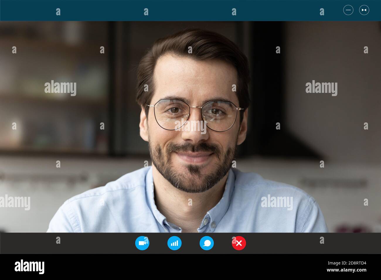 Head shot portrait screen view man wearing glasses using app Stock Photo
