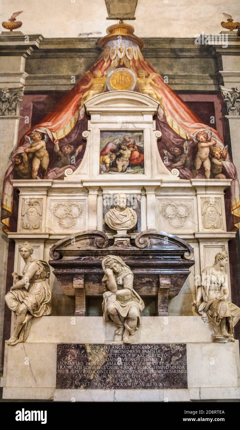 The impressive tomb of Michelangelo di Lodovico Buonarroti Simoni, the famous Italian sculptor, painter, architect and poet of the High Renaissance,... Stock Photo