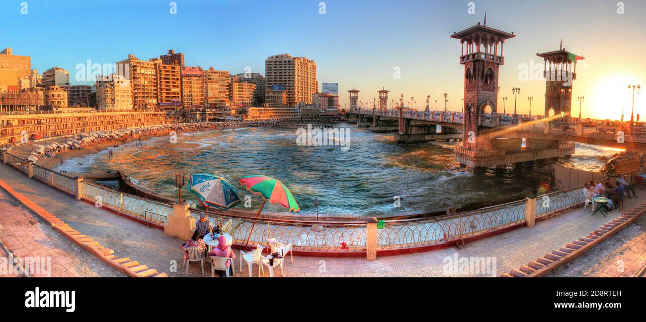 Alexandria / Egypt - 28 jun - Stanly Bridge beach - panorama at Sunset over The Sea Stock Photo
