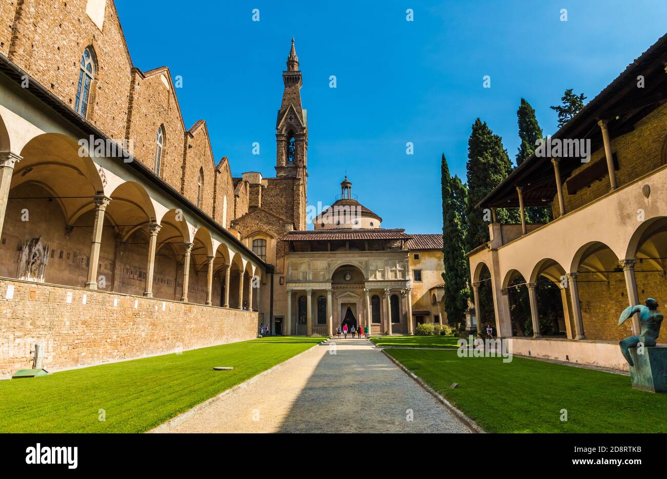 Beautiful view of the Pazzi Chapel, the first cloister with the bell tower of the Basilica di Santa Croce in Florence. The entryway is an arch with... Stock Photo