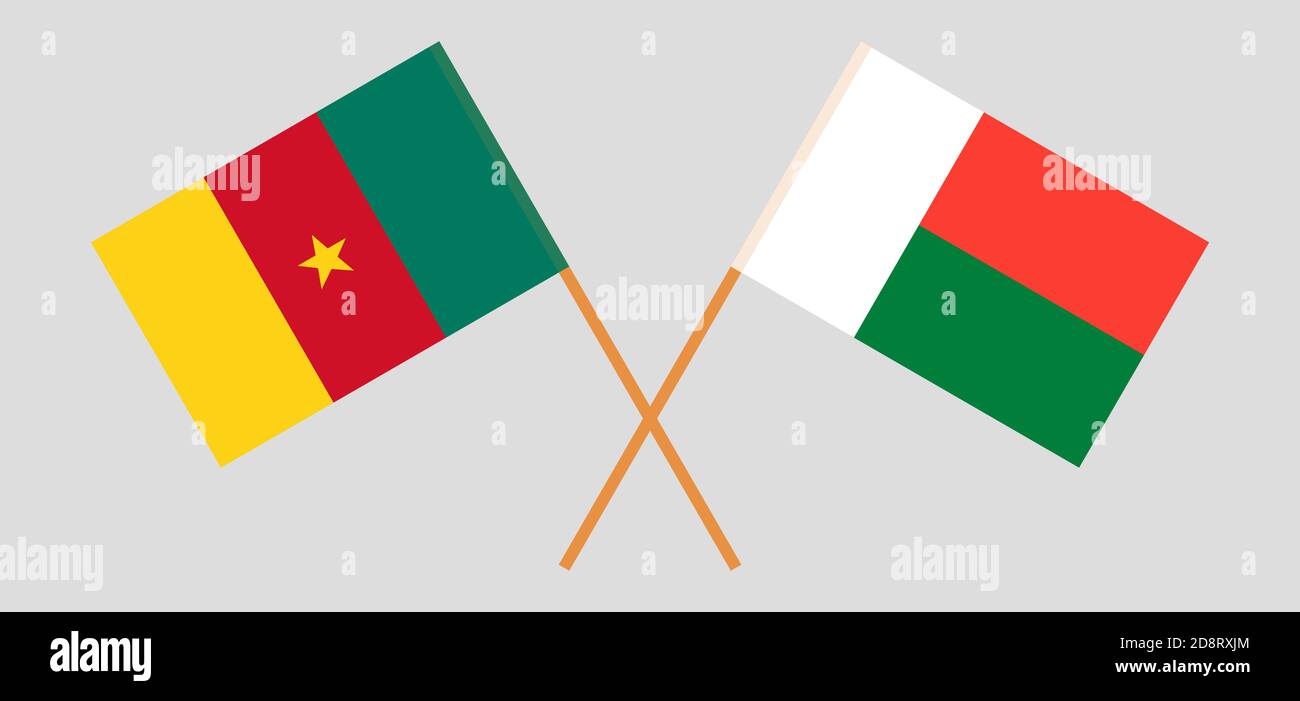 Crossed flags of Madagascar and Cameroon. Official colors. Correct proportion. Vector illustration Stock Vector