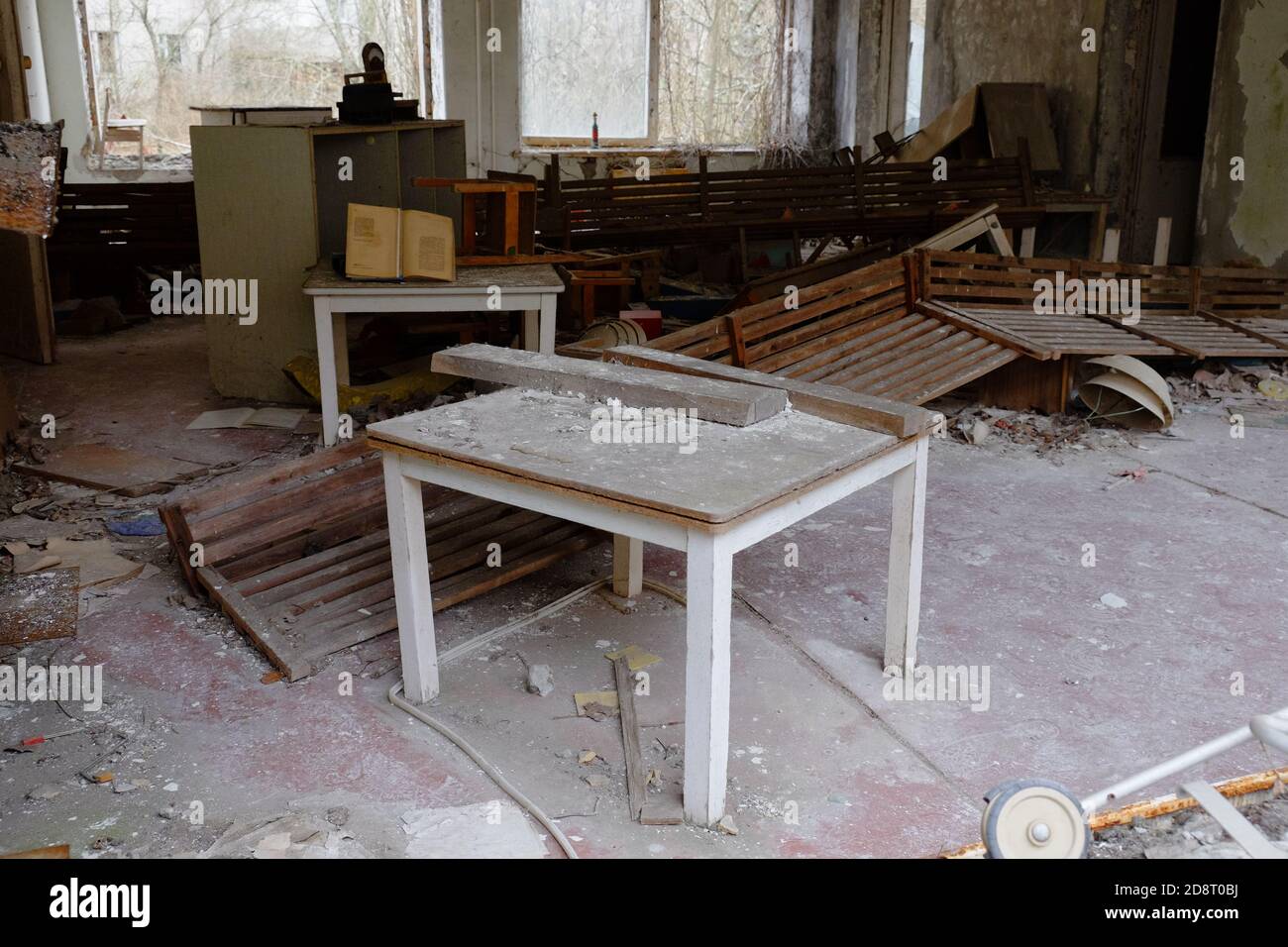 Old broken furniture in an abandoned building in Pripyat. A room in an
