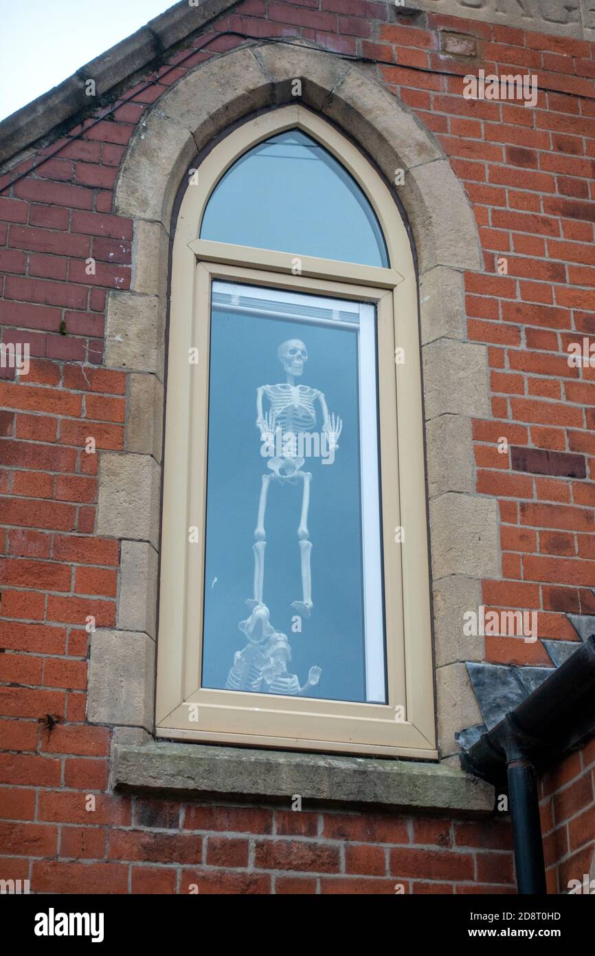 Halloween fake Skeleton hanging in old church window Stock Photo