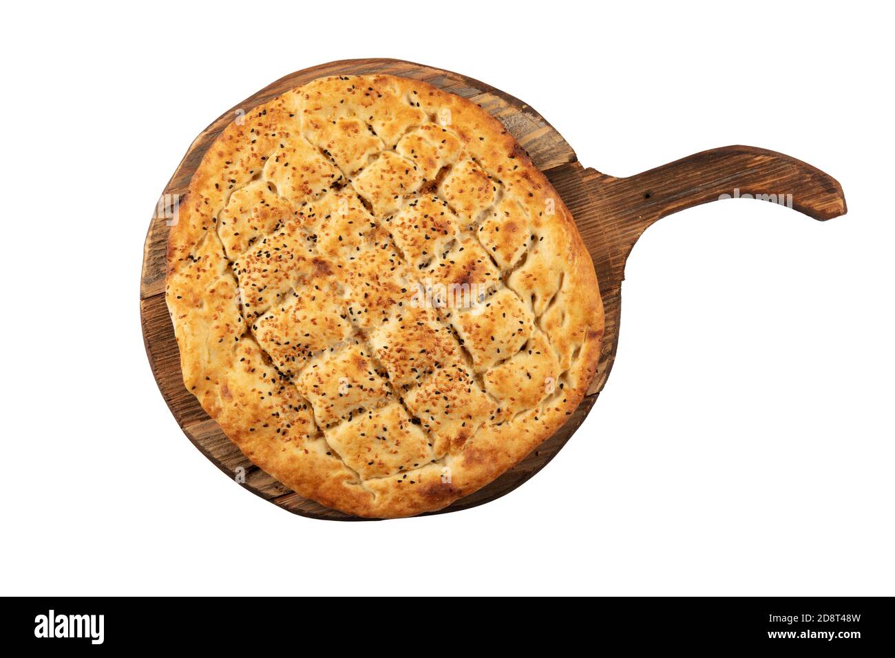 Ramadan Pita (Ramazan Pidesi) Traditional Turkish bread for holy month Ramadan. Fresh sliced pita bread . Stock Photo