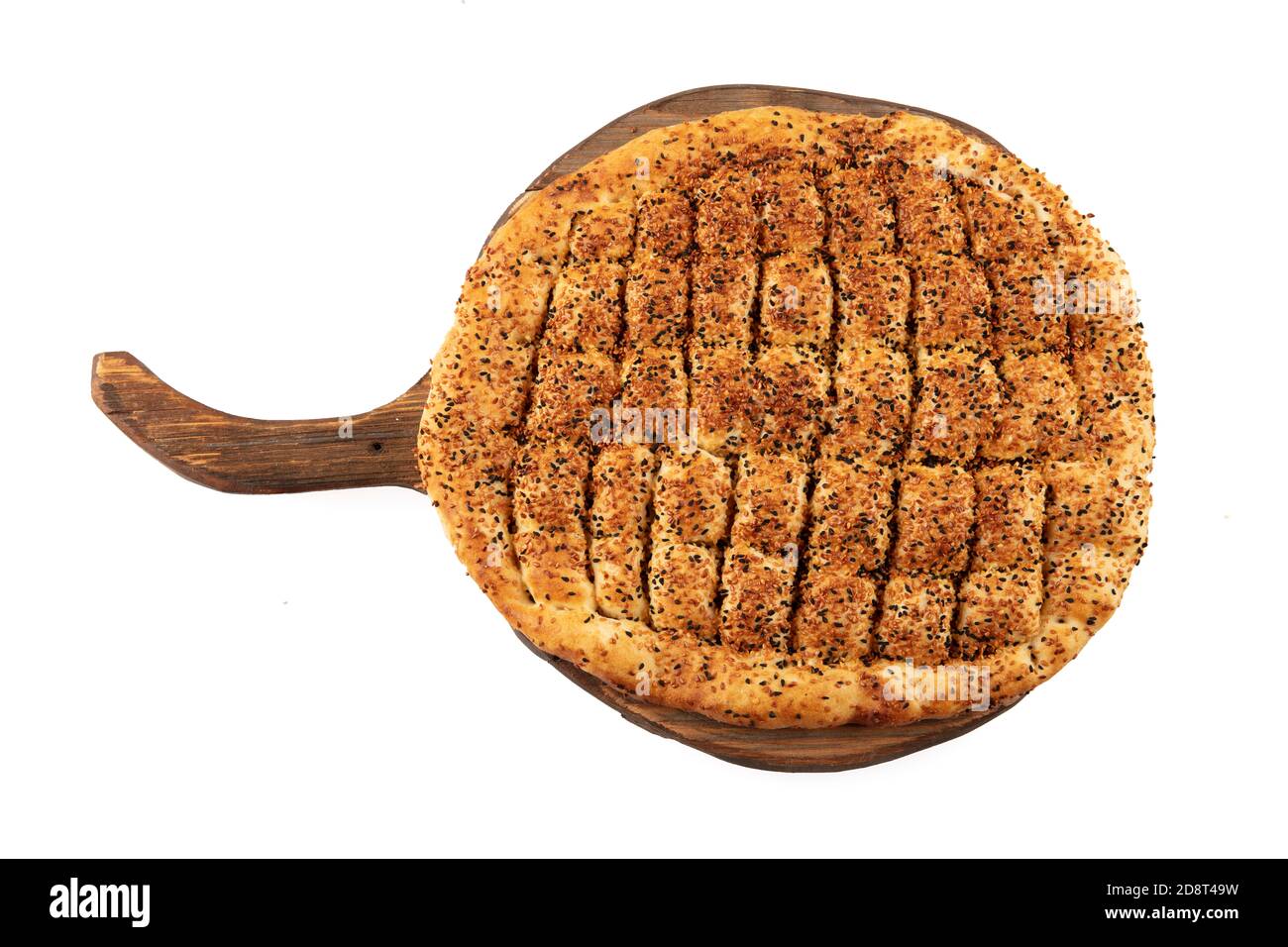 Ramadan Pita (Ramazan Pidesi) Traditional Turkish bread for holy month Ramadan. Fresh sliced pita bread . Stock Photo